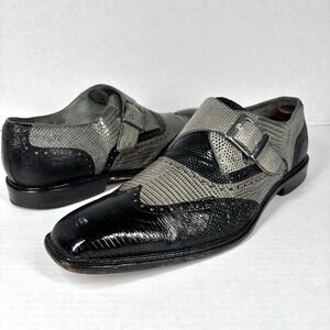 Belvedere‎ Pasta Lizard Wingtip Monk Strap Shoes Brogue Mens 10.5 Black Gray GUC